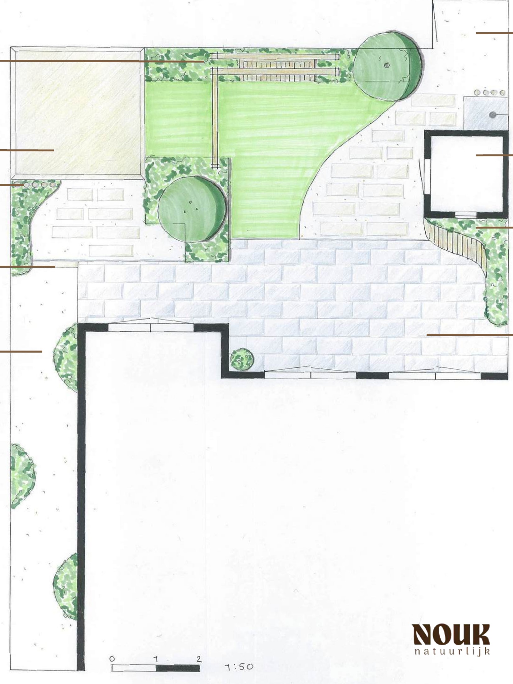 Handgetekend conceptontwerp voor de tuin in Noorderduin